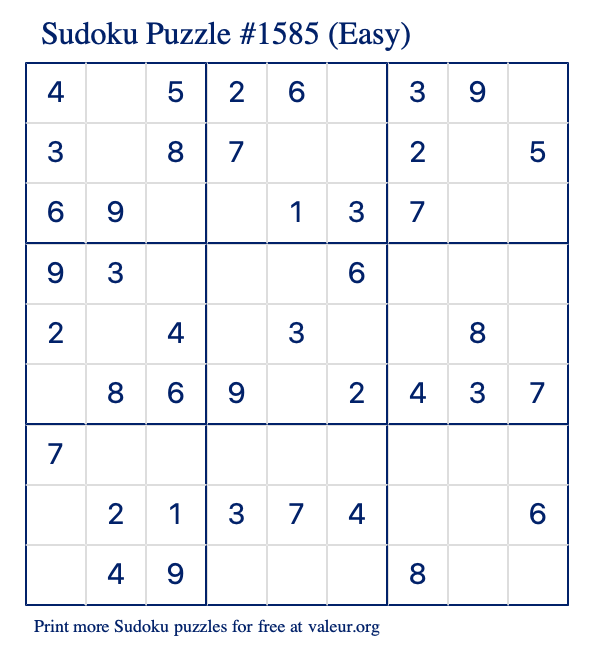 Free Printable Easy Sudoku Puzzle number 1585