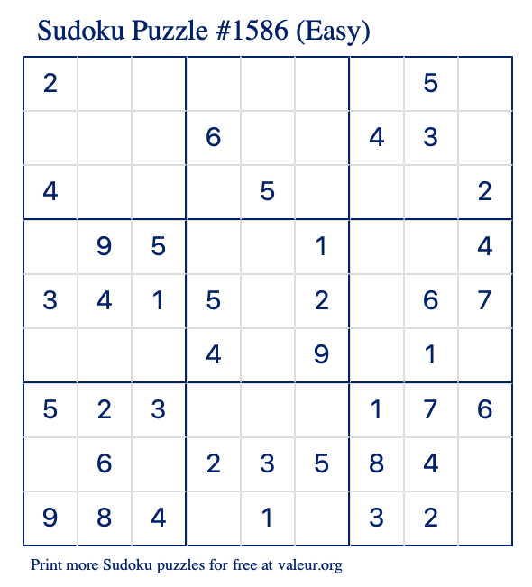 Free Printable Easy Sudoku Puzzle number 1586
