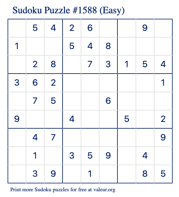Free Printable Easy Sudoku Puzzle number 1588
