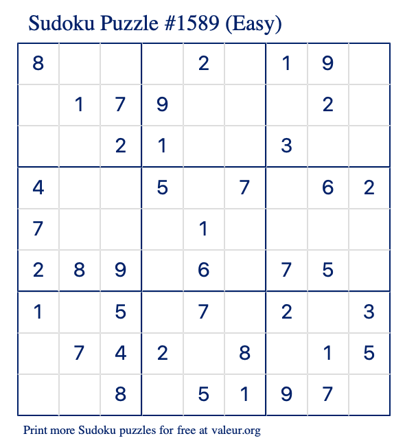 Free Printable Easy Sudoku Puzzle number 1589