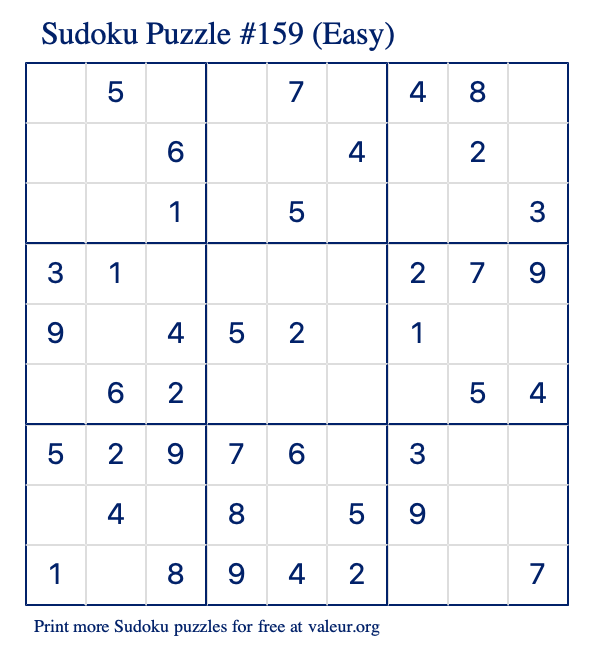 Free Printable Easy Sudoku Puzzle number 159