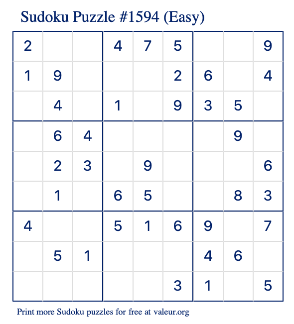 Free Printable Easy Sudoku Puzzle number 1594