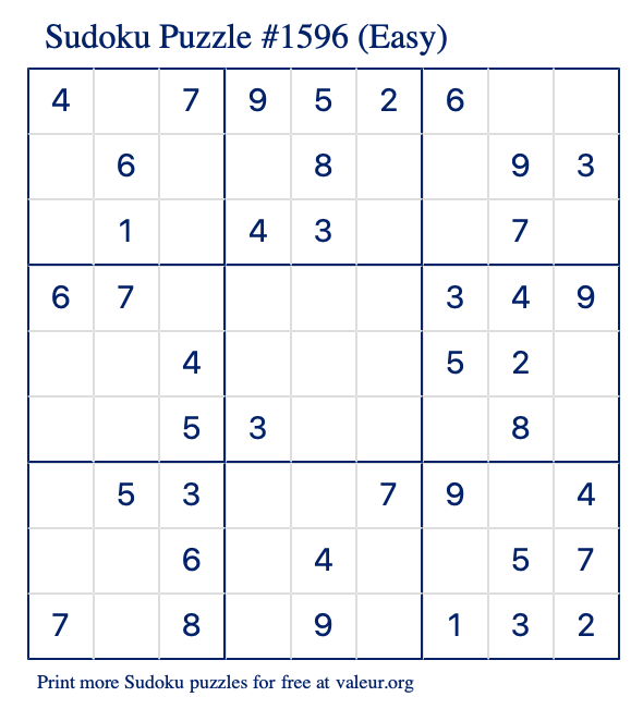 free printable easy sudoku with the answer 1596