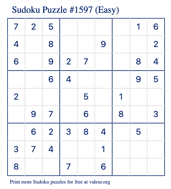 Free Printable Easy Sudoku Puzzle number 1597