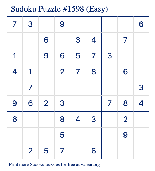 Free Printable Easy Sudoku Puzzle number 1598