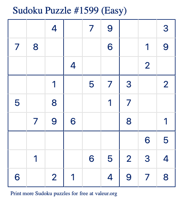 Free Printable Easy Sudoku Puzzle number 1599