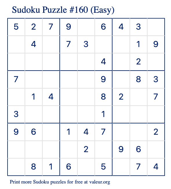 Free Printable Easy Sudoku Puzzle number 160