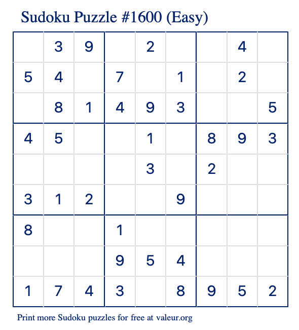 Free Printable Easy Sudoku Puzzle number 1600