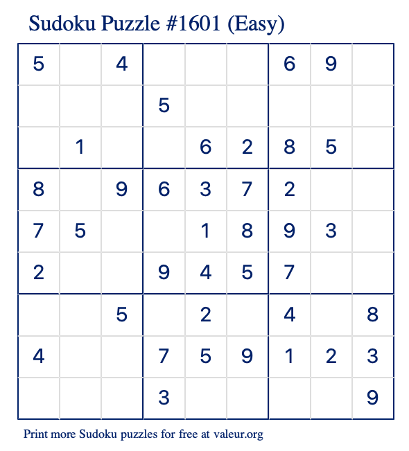 Free Printable Easy Sudoku Puzzle number 1601