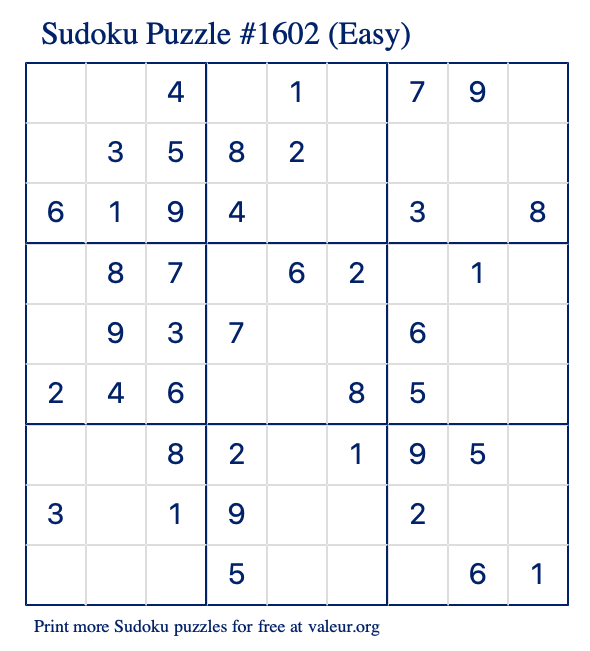 Free Printable Easy Sudoku Puzzle number 1602
