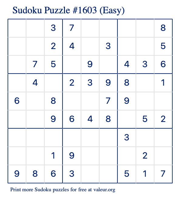 Free Printable Easy Sudoku Puzzle number 1603