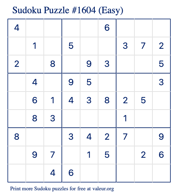Free Printable Easy Sudoku Puzzle number 1604