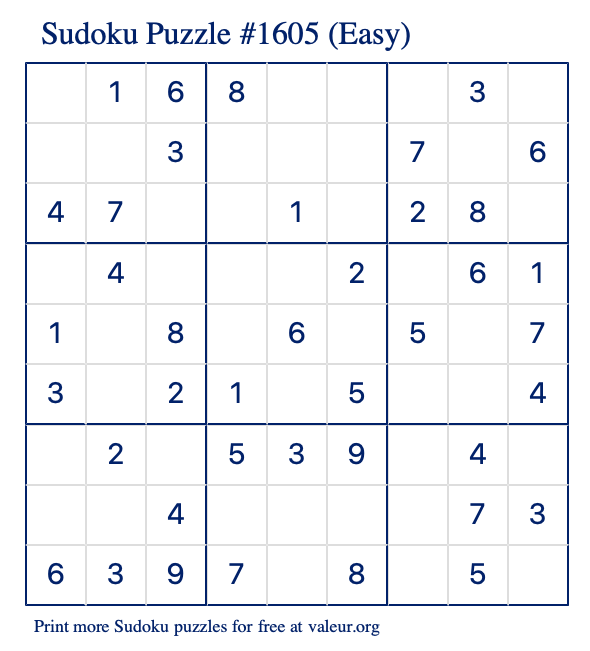 Free Printable Easy Sudoku Puzzle number 1605