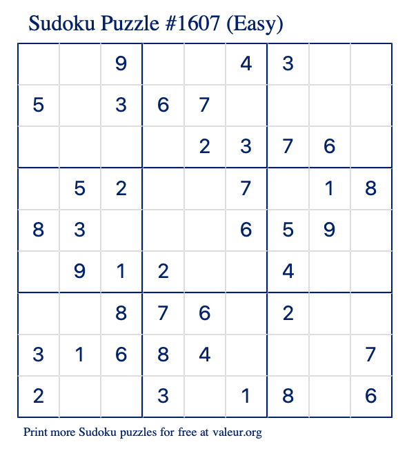 Free Printable Easy Sudoku Puzzle number 1607