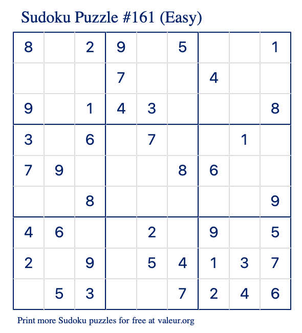 Free Printable Easy Sudoku Puzzle number 161