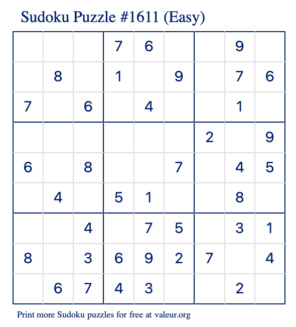 Free Printable Easy Sudoku Puzzle number 1611