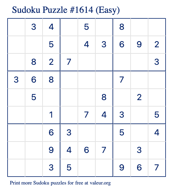 Free Printable Easy Sudoku Puzzle number 1614