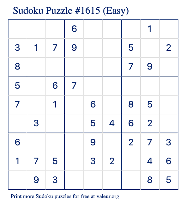 Free Printable Easy Sudoku Puzzle number 1615