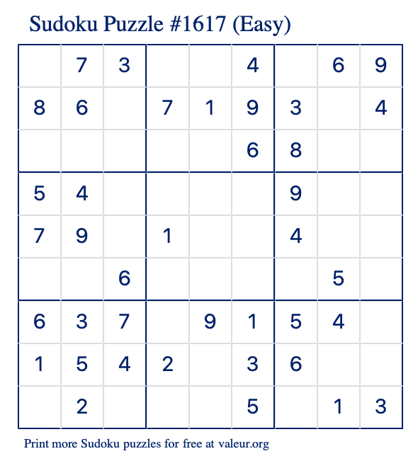 Free Printable Easy Sudoku Puzzle number 1617