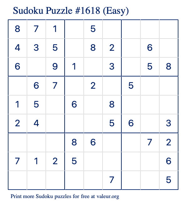 Free Printable Easy Sudoku Puzzle number 1618