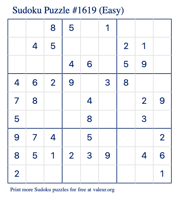 Free Printable Easy Sudoku Puzzle number 1619