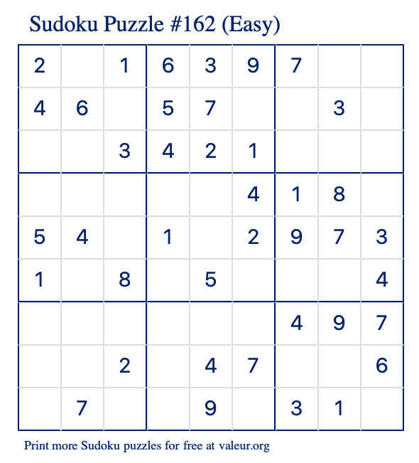 Free Printable Easy Sudoku Puzzle number 162