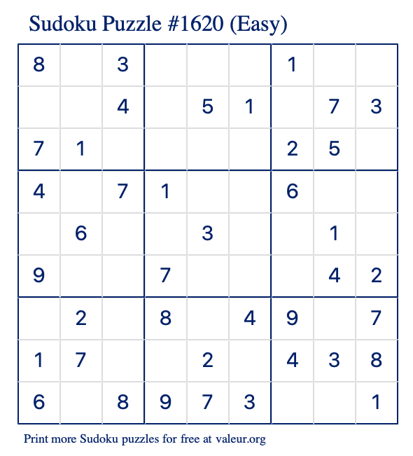 Free Printable Easy Sudoku Puzzle number 1620