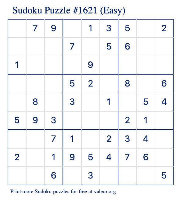 Free Printable Easy Sudoku Puzzle number 1621