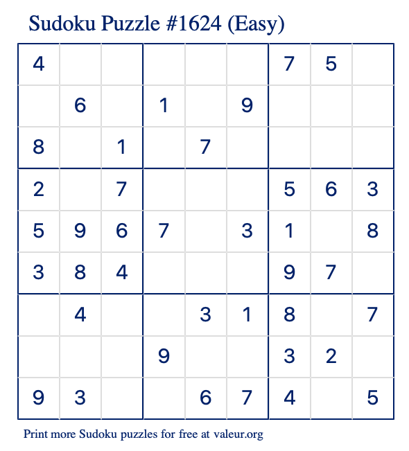 Free Printable Easy Sudoku Puzzle number 1624