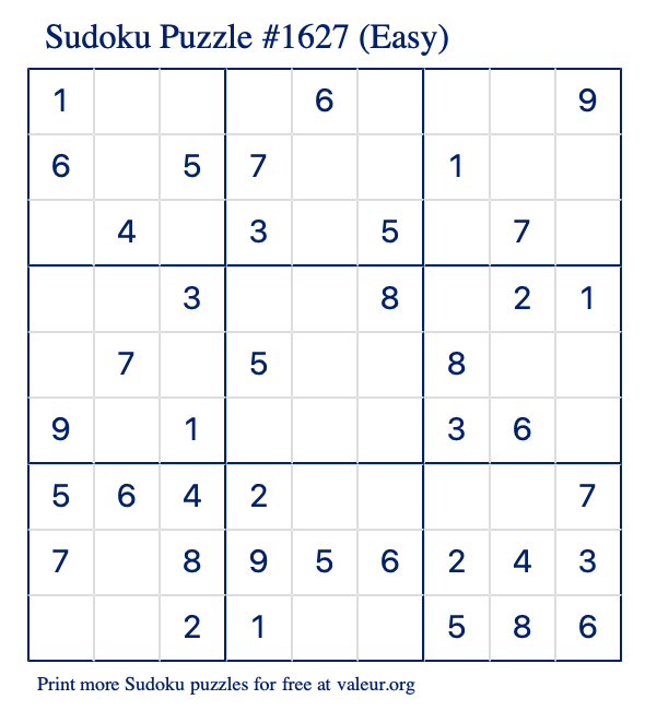 Free Printable Easy Sudoku Puzzle number 1627