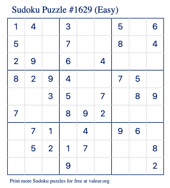 Free Printable Easy Sudoku Puzzle number 1629