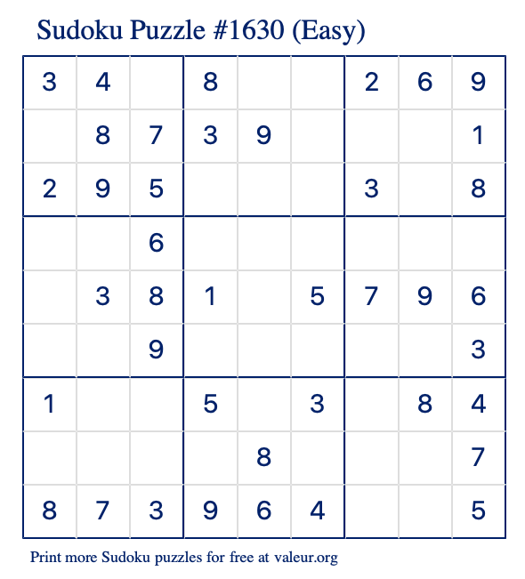 Free Printable Easy Sudoku Puzzle number 1630