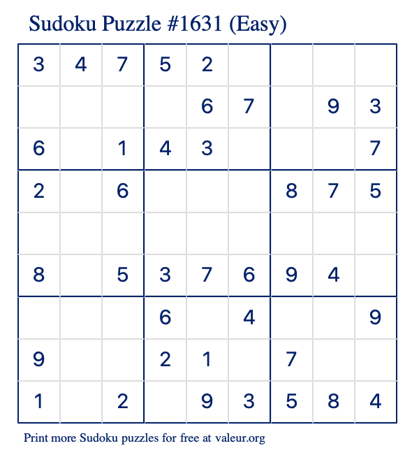 Free Printable Easy Sudoku Puzzle number 1631