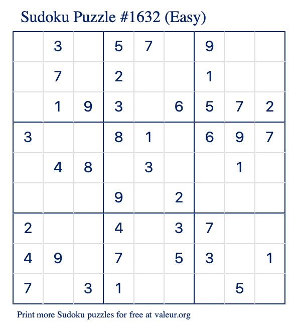 Free Printable Easy Sudoku Puzzle number 1632