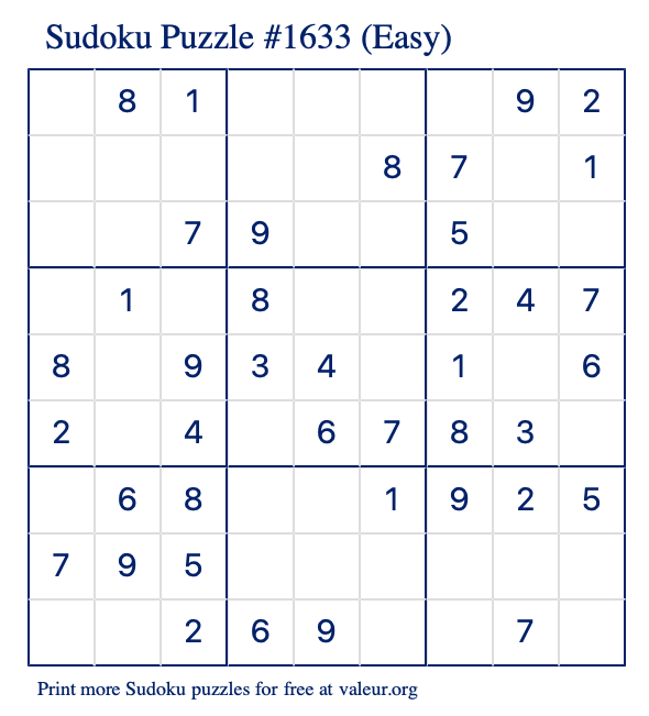 Free Printable Easy Sudoku Puzzle number 1633