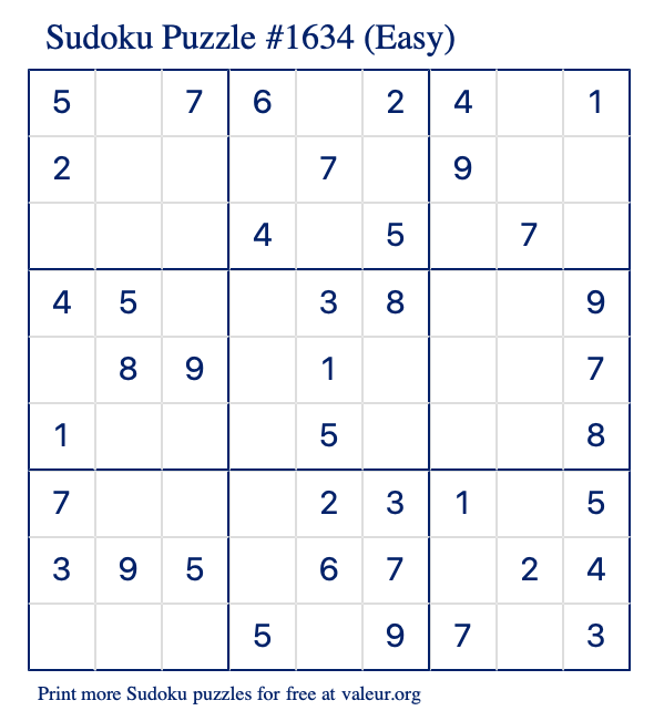 Free Printable Easy Sudoku Puzzle number 1634