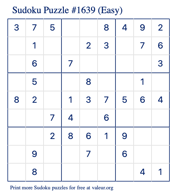 Free Printable Easy Sudoku Puzzle number 1639