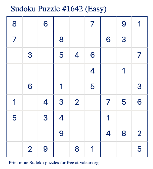 Free Printable Easy Sudoku Puzzle number 1642