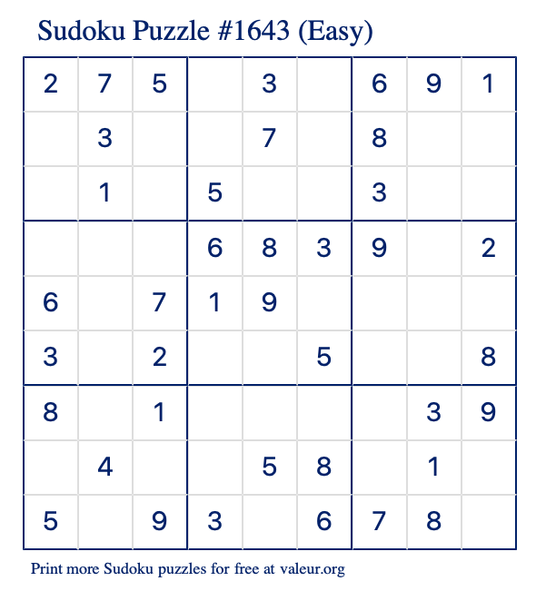 Free Printable Easy Sudoku Puzzle number 1643