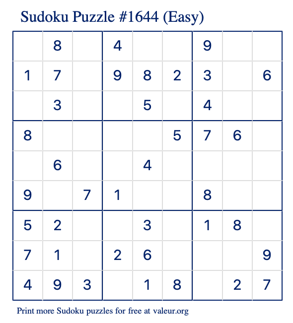 Free Printable Easy Sudoku Puzzle number 1644