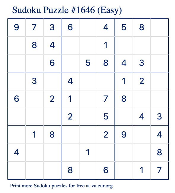 Free Printable Easy Sudoku Puzzle number 1646