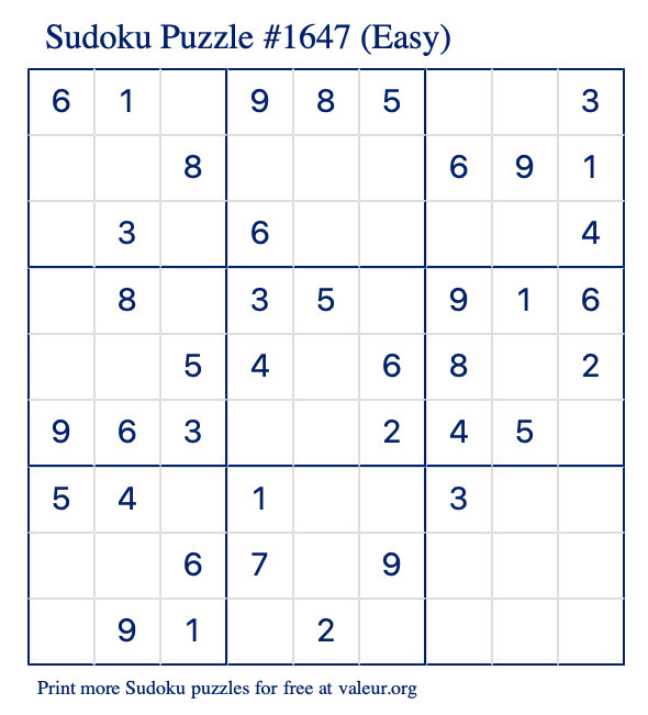 Free Printable Easy Sudoku Puzzle number 1647
