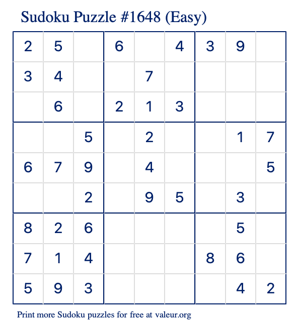 Free Printable Easy Sudoku Puzzle number 1648
