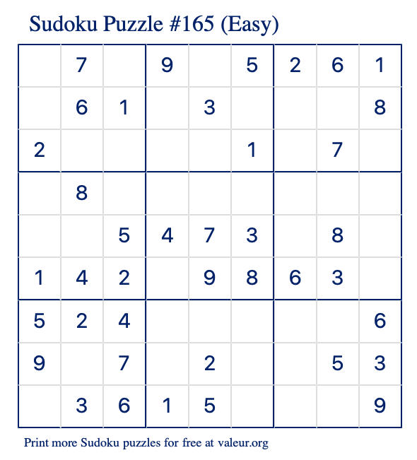 Free Printable Easy Sudoku Puzzle number 165