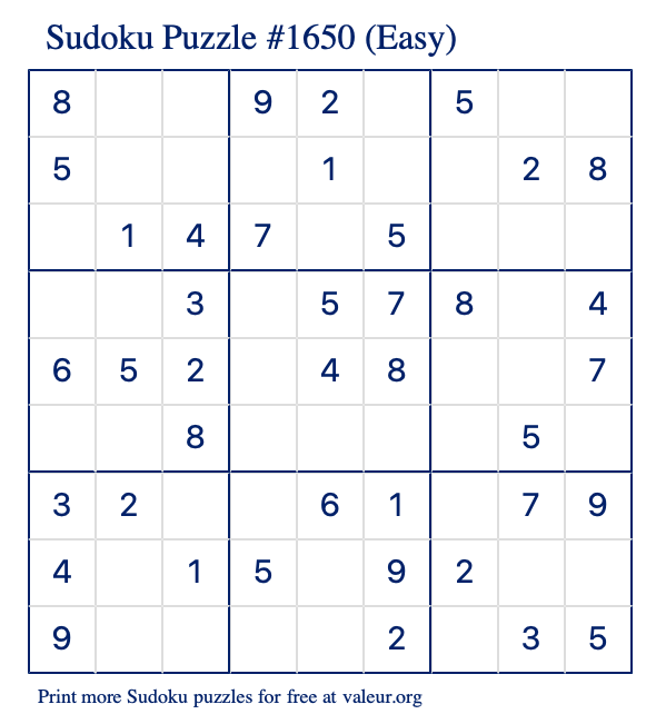 Free Printable Easy Sudoku Puzzle number 1650