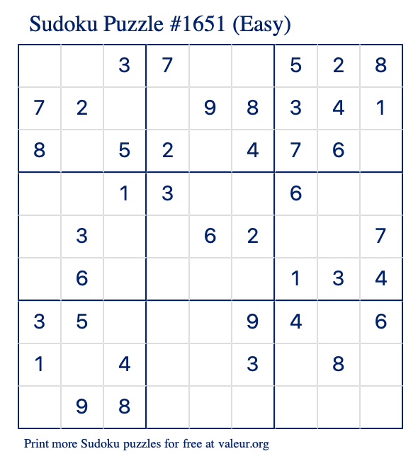 Free Printable Easy Sudoku Puzzle number 1651