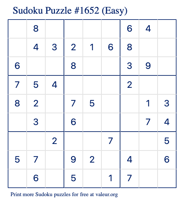 Free Printable Easy Sudoku Puzzle number 1652