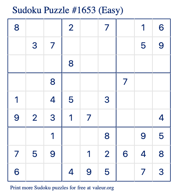 Free Printable Easy Sudoku Puzzle number 1653