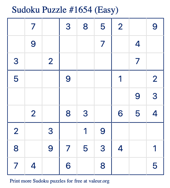 Free Printable Easy Sudoku Puzzle number 1654