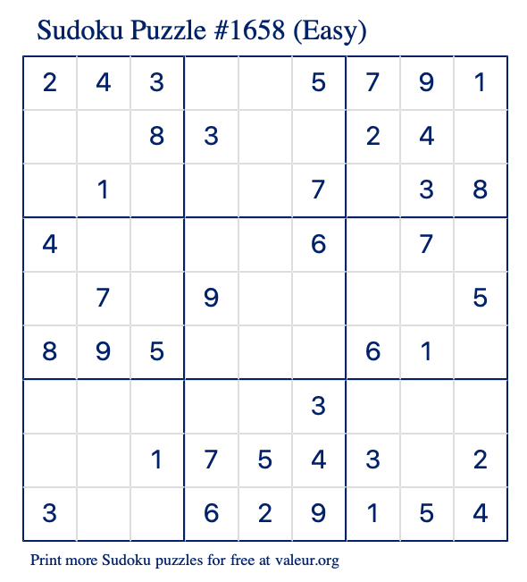 Free Printable Easy Sudoku Puzzle number 1658
